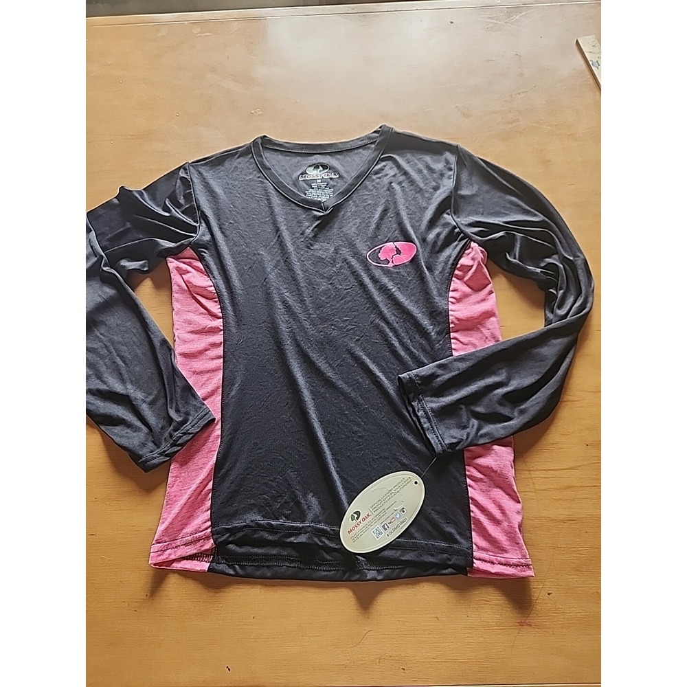 NWT Womens Mossy Oak Black/Pink Logo Long Sleeve Performance V Neck Sized M